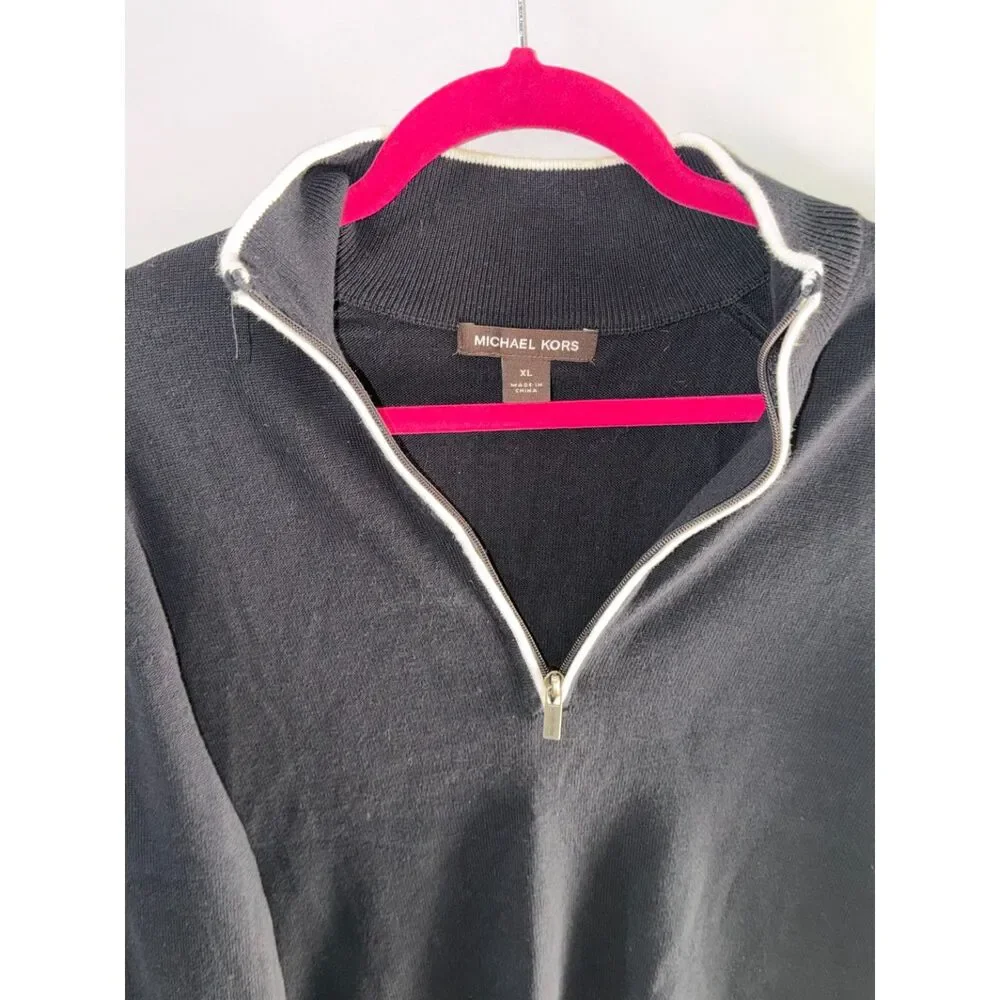 Michael Kors XL Navy Quarter Zip Sweater White Trim Preppy Country Club
